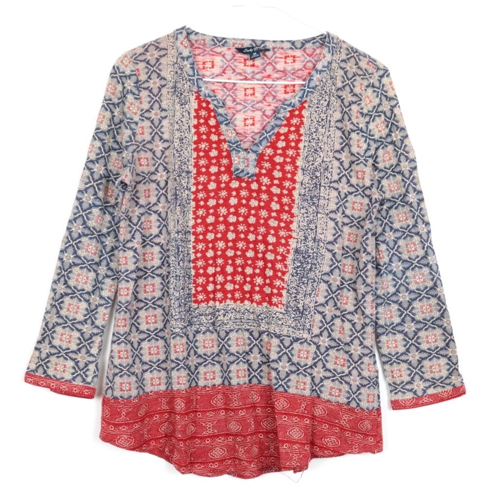 Lucky Brand Knit Pullover Three Quarter Sleeve Notch Neck Patterned Top Size M